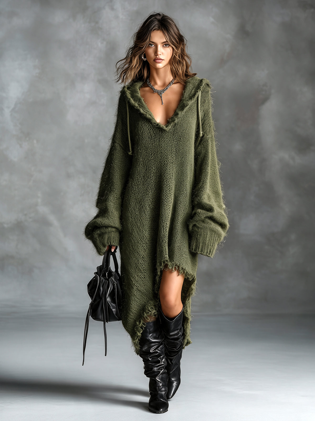 Genevieve - Oversized Fuzzy Knit Midi Dress