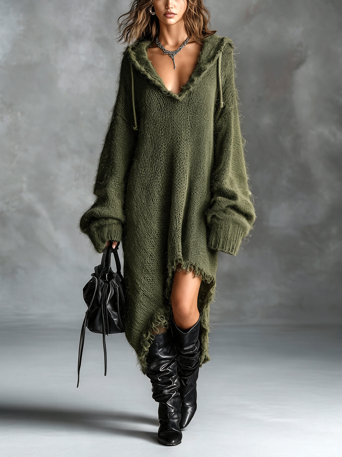 Genevieve - Oversized Fuzzy Knit Midi Dress