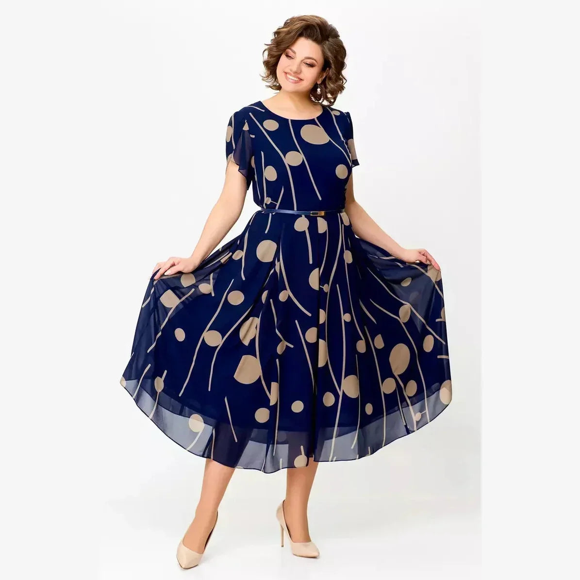 Evelyn - Navy Polka Dot Midi Dress
