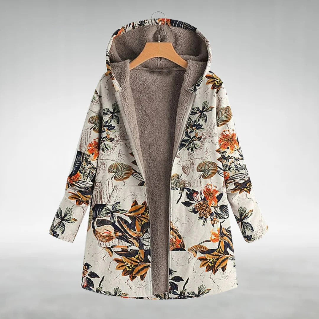Lavinia - Floral Fleece-Lined Hooded Coat