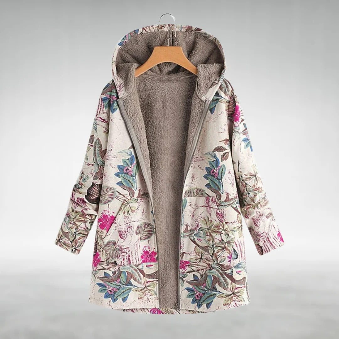 Lavinia - Floral Fleece-Lined Hooded Coat