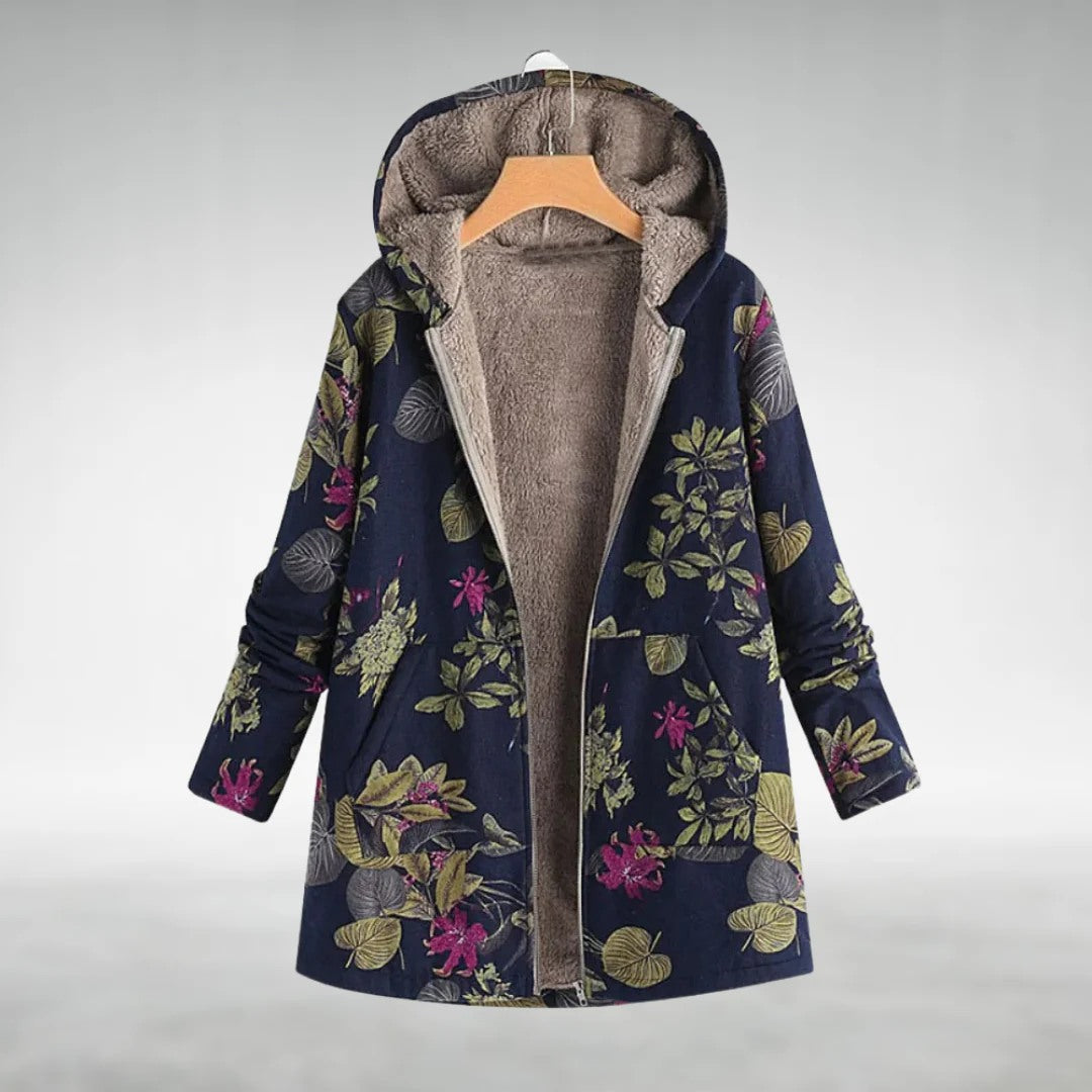 Lavinia - Floral Fleece-Lined Hooded Coat