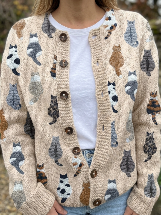 Joyce - Cat Print Knit Cardigan