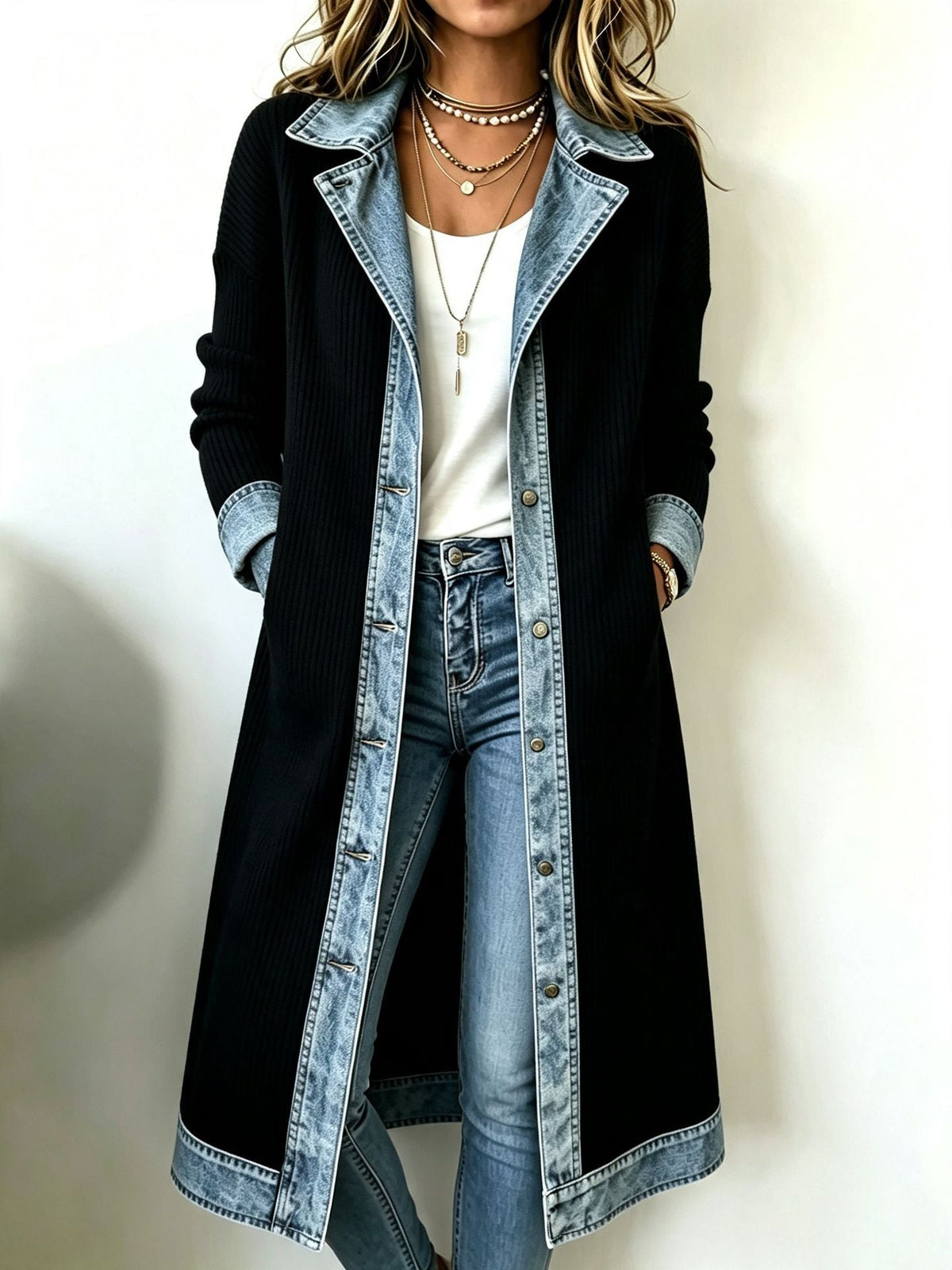 Susanna - Long Denim-Trim Cardigan