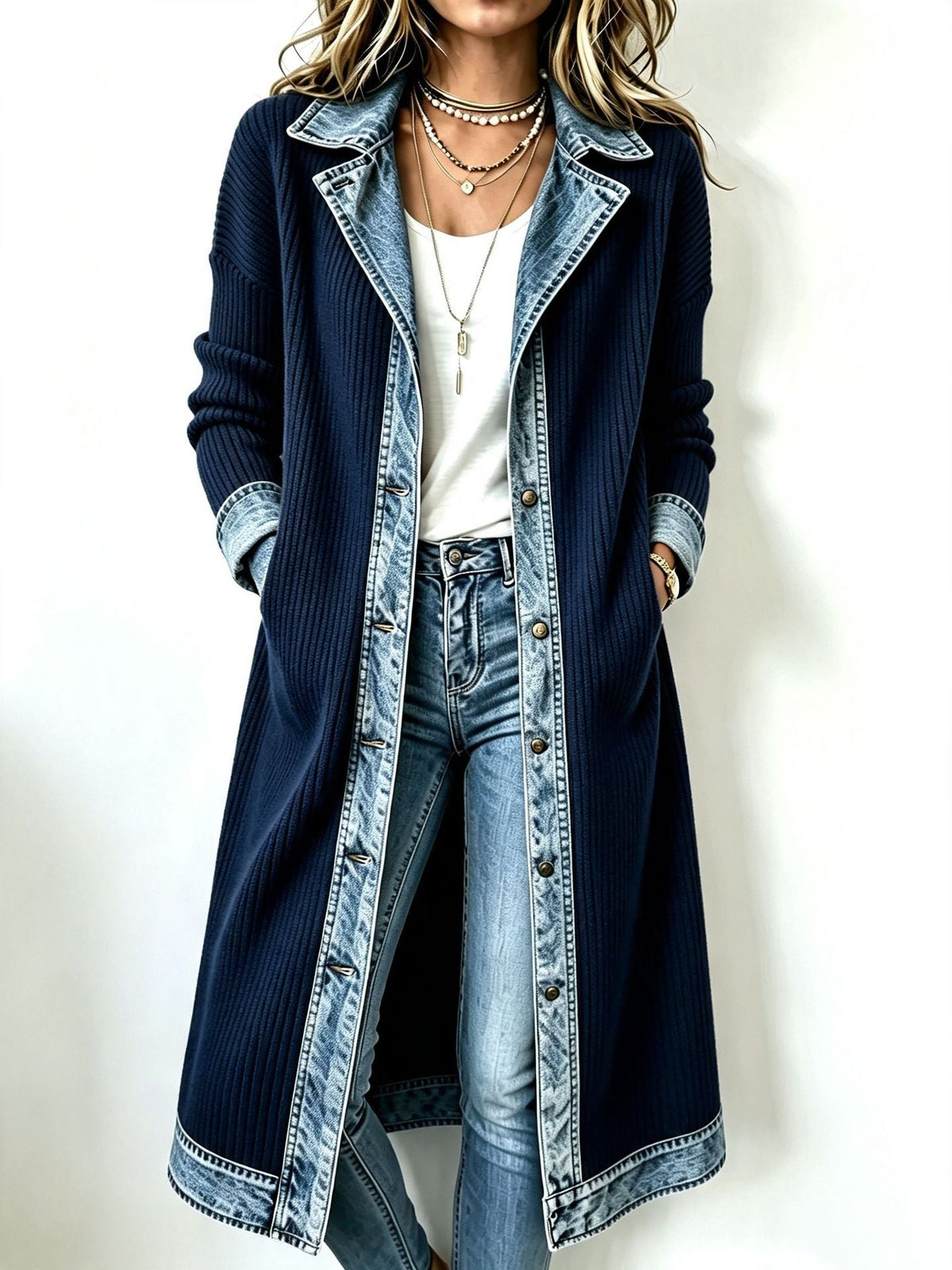 Susanna - Long Denim-Trim Cardigan