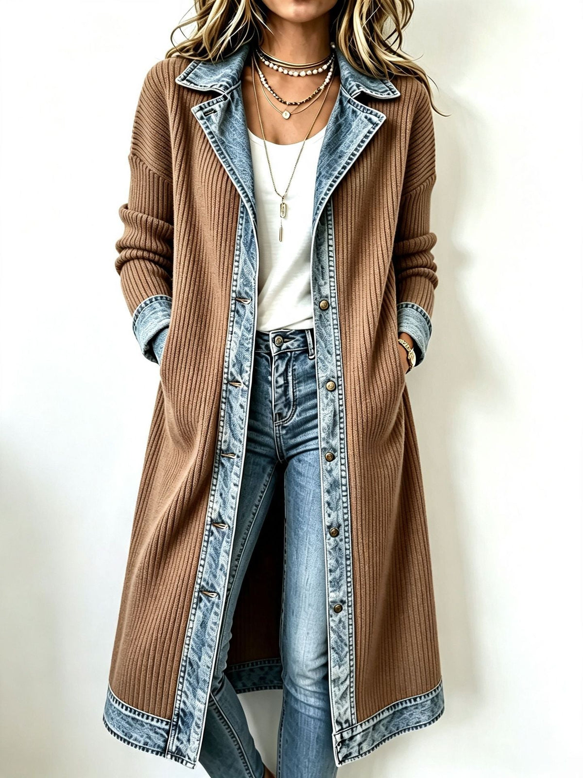 Susanna - Long Denim-Trim Cardigan
