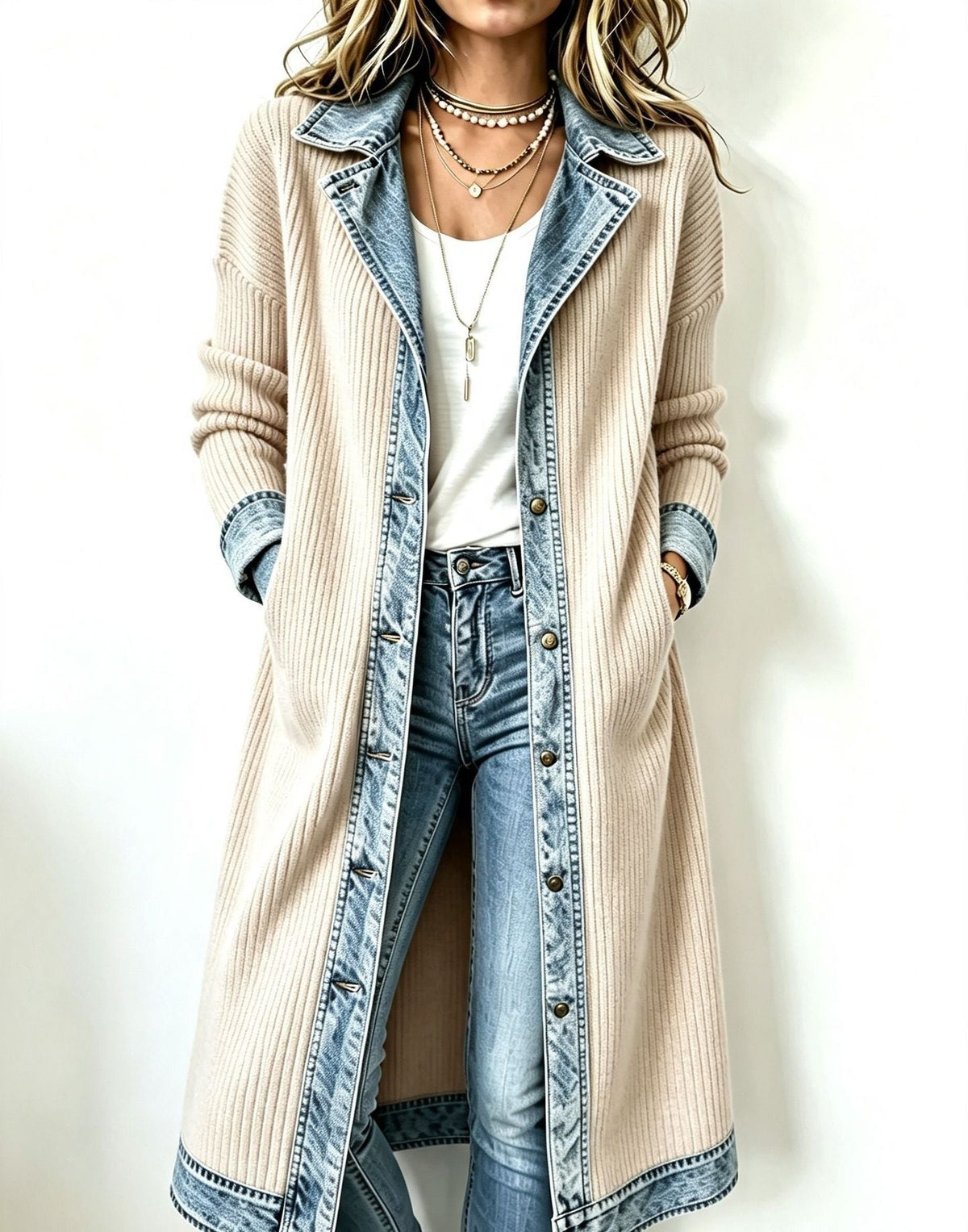 Susanna - Long Denim-Trim Cardigan